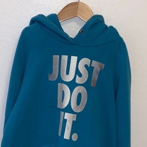 NIKE GREY JUST DO IT AQUA BLUE HOODED SWEATER SIZE S